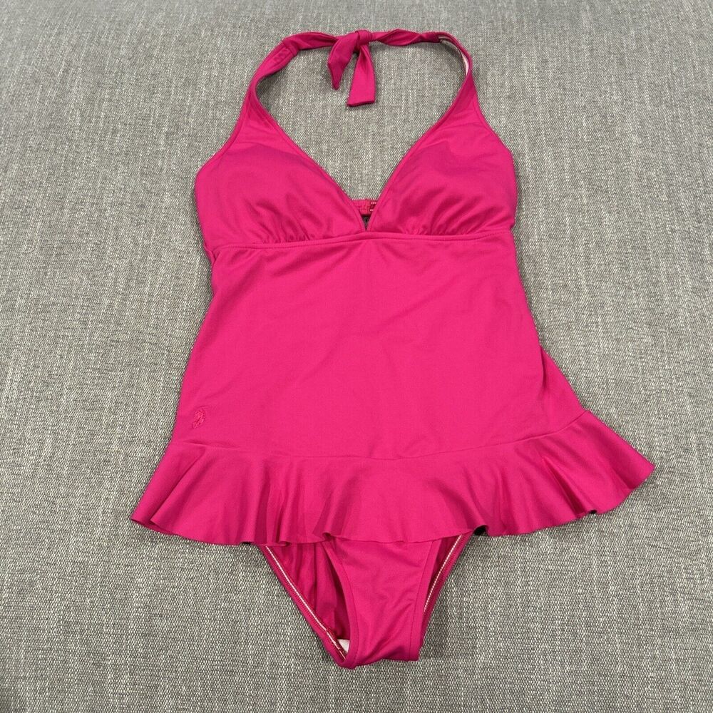 Ralph Lauren Swim Suit Womens Medium Hot Pink Skirted One Piece Halter Neck